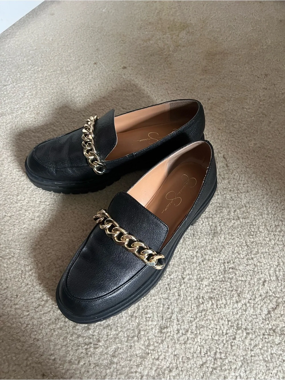 Jessica Simpson Black Leather Loafers with Gold Chain